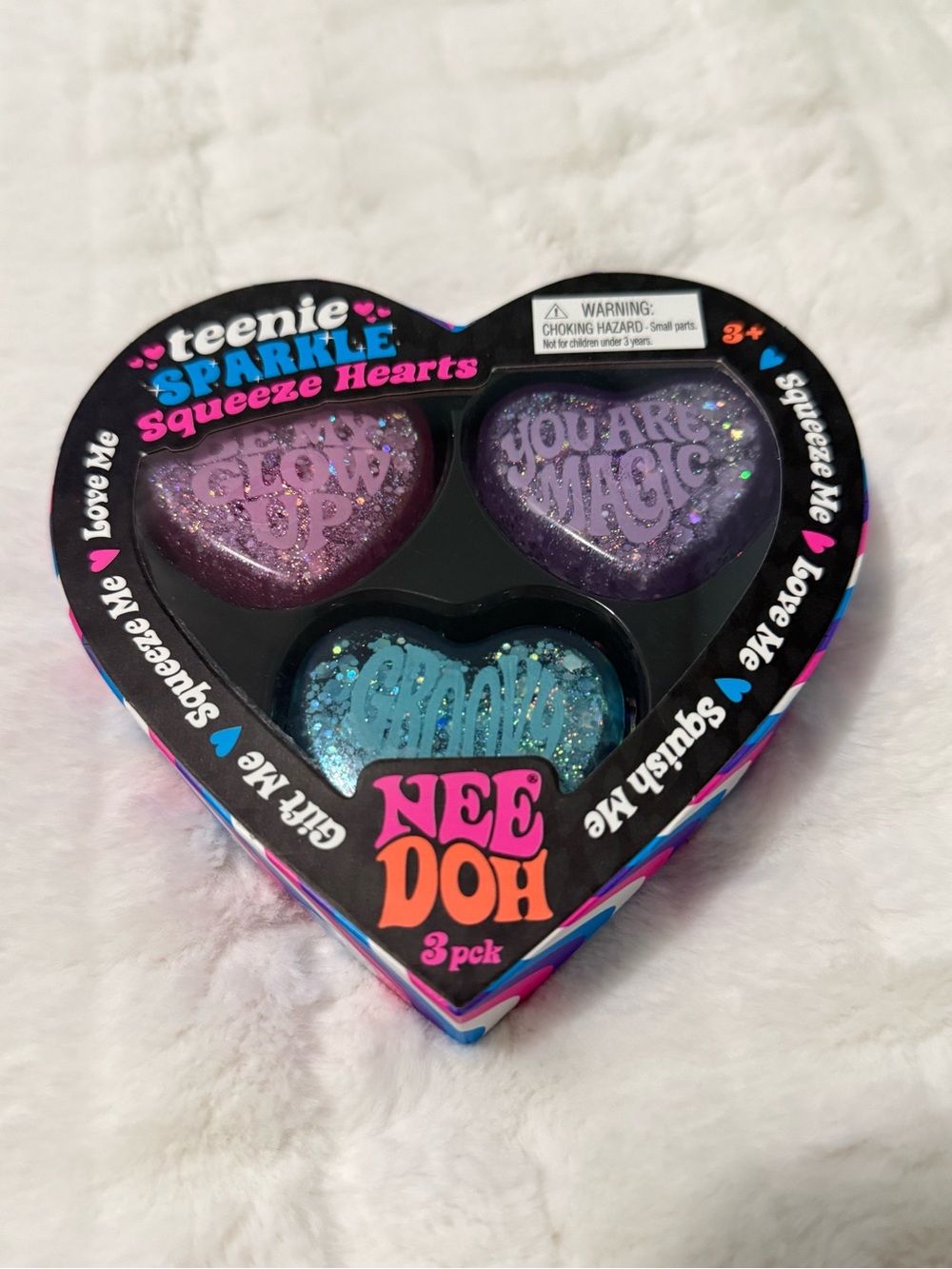 NEW NeeDoh Teenie Sparkle Squeeze Hearts - Purple & Blue Glitter 3-Pack